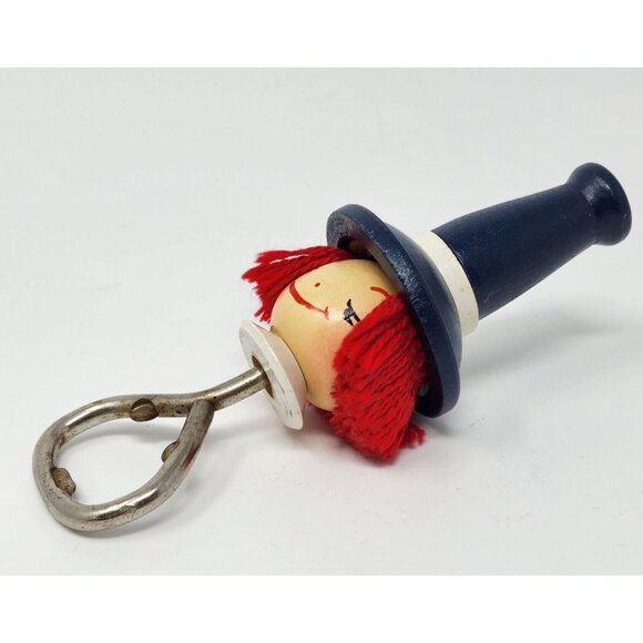 Vintage Wooden Head Bottle Opener With Red Yarn Hair & Metal Opener 5" - Picture 2 of 6